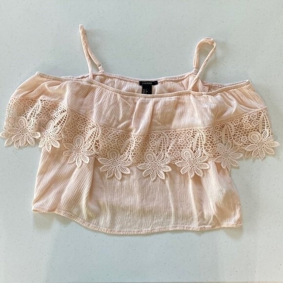Forever 21 Off The Shoulder Strappy Crochet Lace Crop Top Gauze Cottagecore Soft - Picture 12 of 12